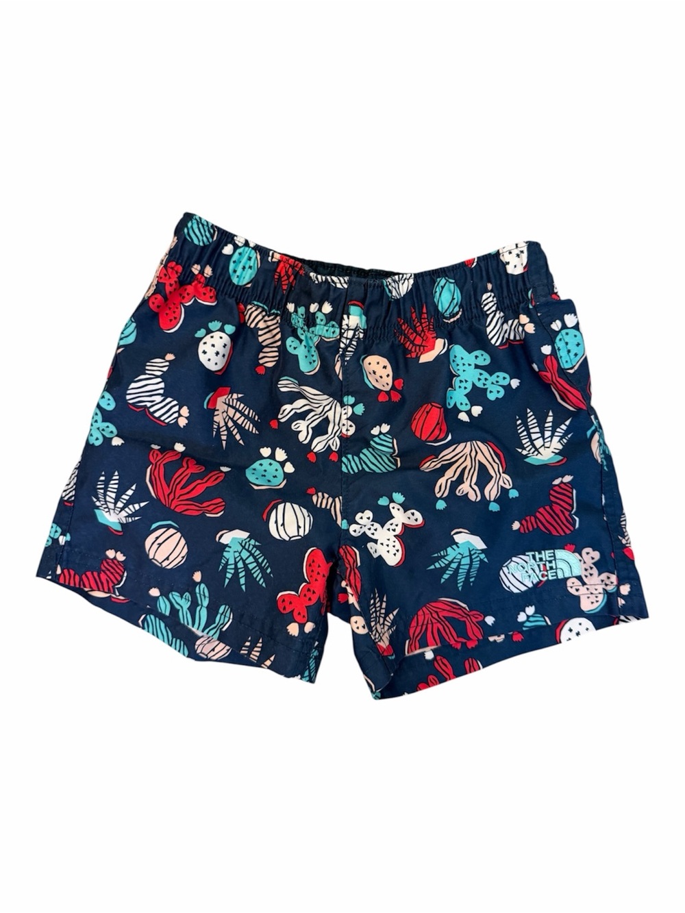 The North Face Kids Navy Swim Trunks with Coral & Teal Reef Print